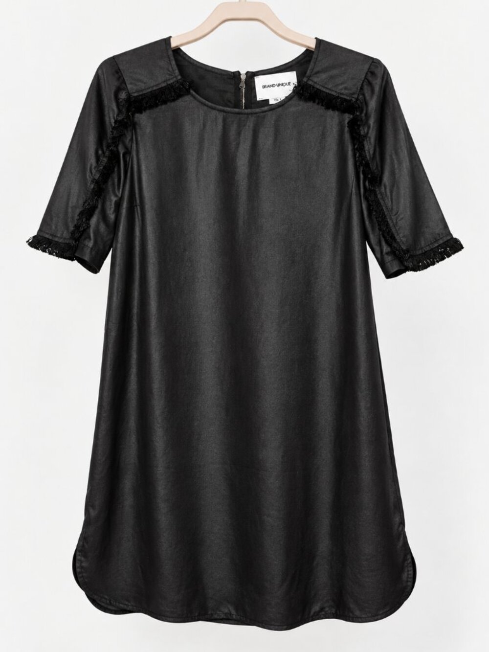 Brand Unique black fringe-trim shift dress, Made in Italy, size 1 / approx US 4,
